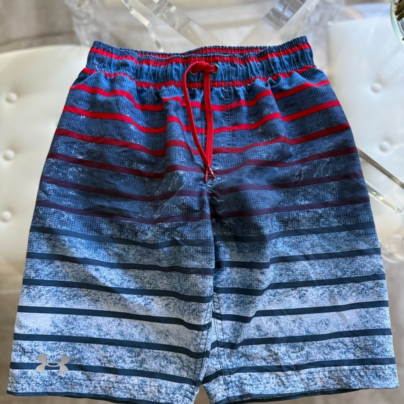 Under Armour Kids Youth Red and Blue Striped Swim Trunks - Picture 3 of 6